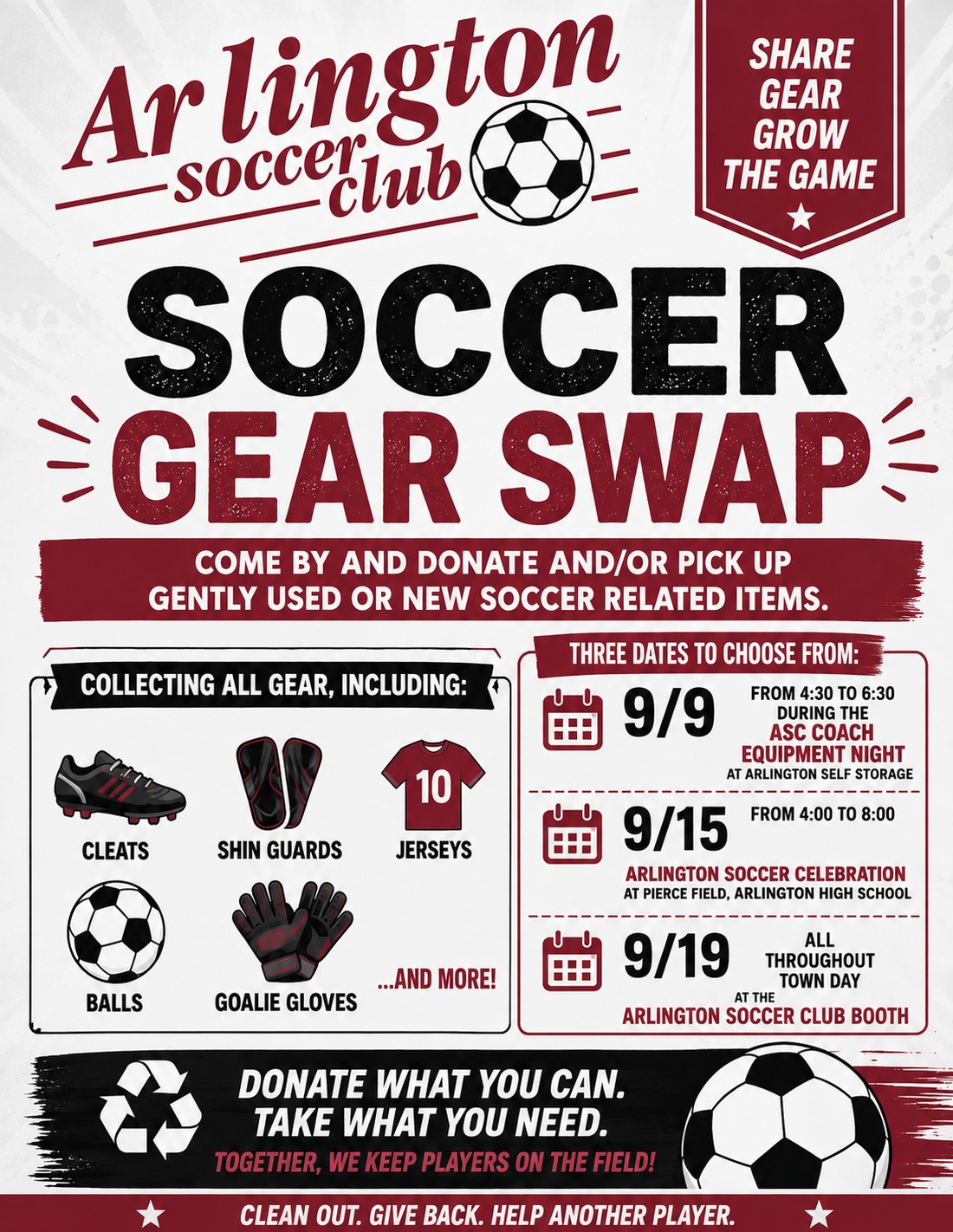 ASC Soccer Gear Swap poster: three dates in September